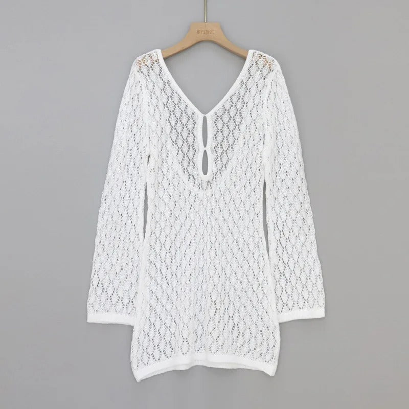 Crochet Knit Mini Dress – Long Sleeve Beach Cover Up