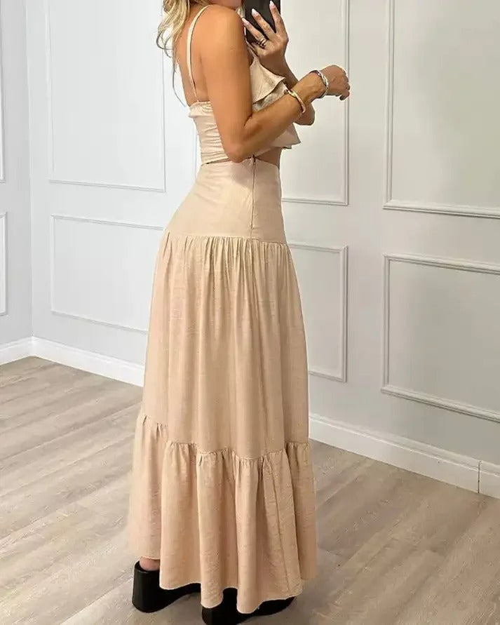 Beige Linen Two Piece Set – Ruffled Crop Top and Tiered Maxi Skirt