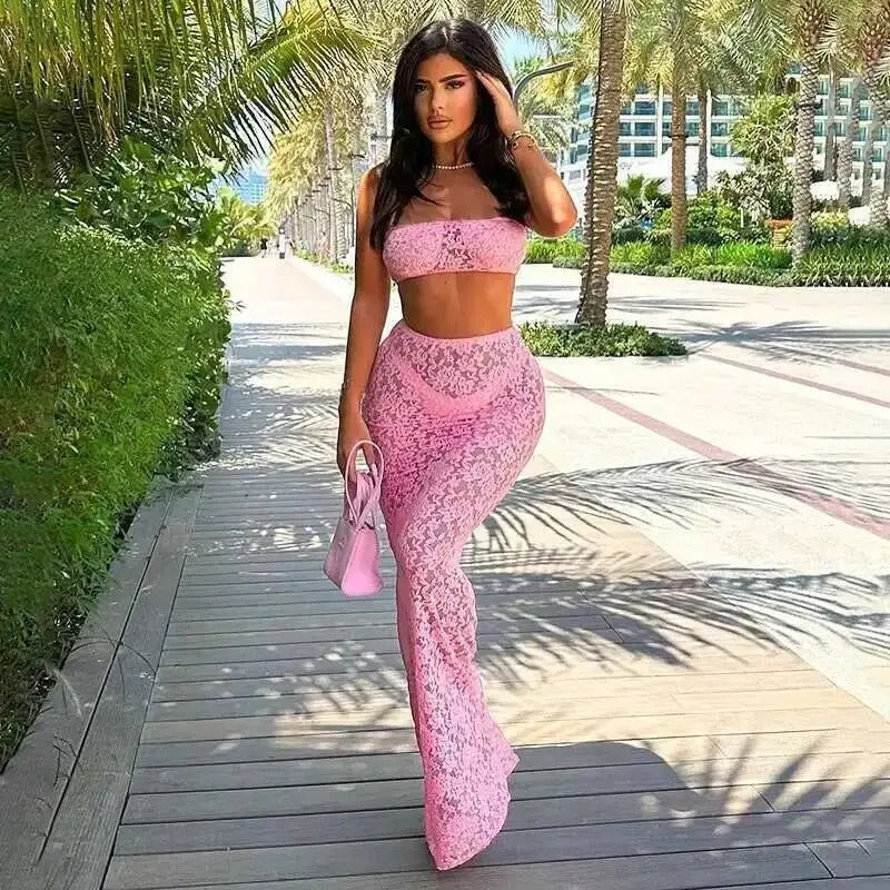 Lace Two Piece Set – Crop Top and Maxi Skirt Outfit