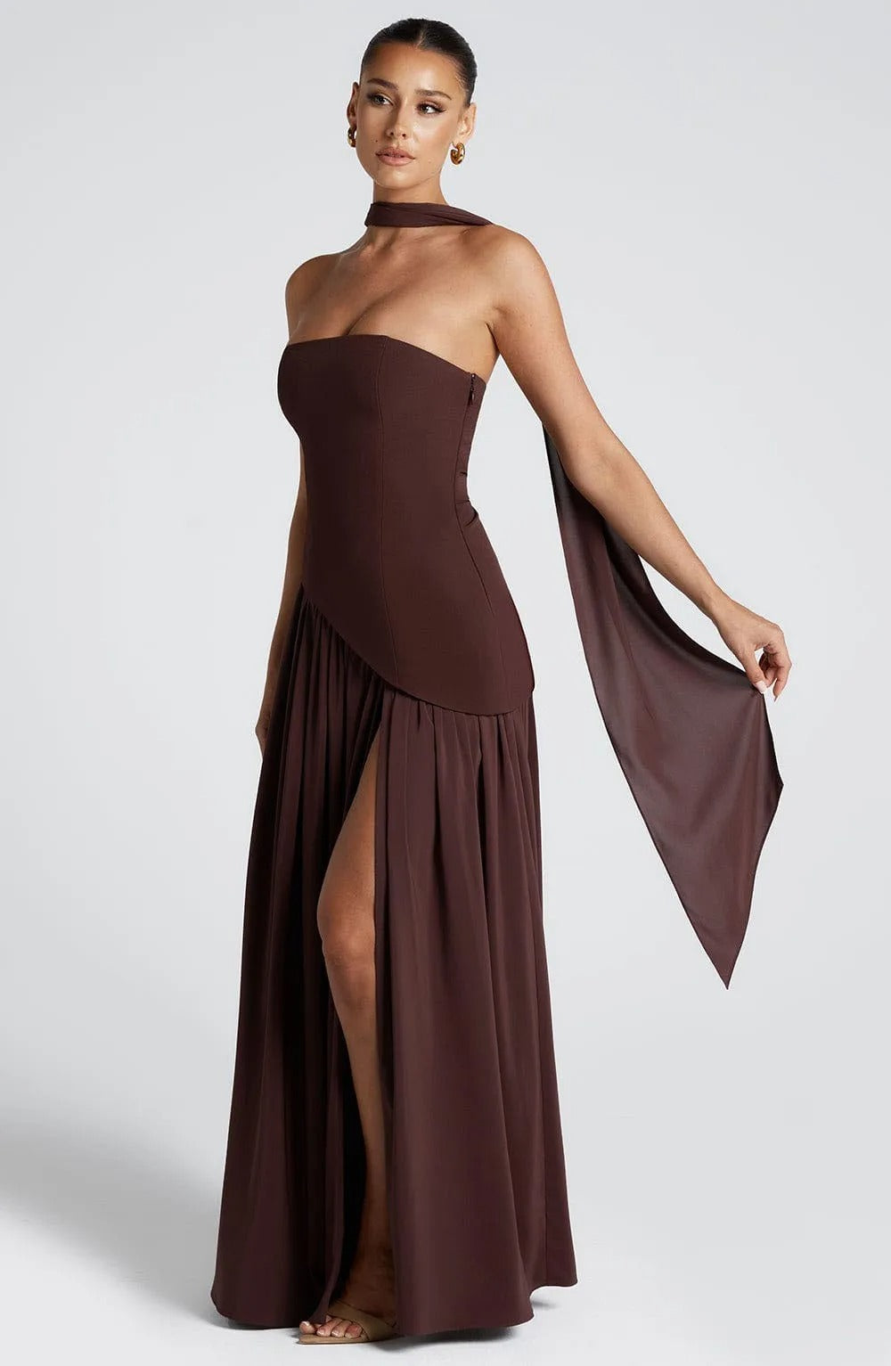 Strapless Maxi Dress – Elegant High Slit Chiffon Evening Gown