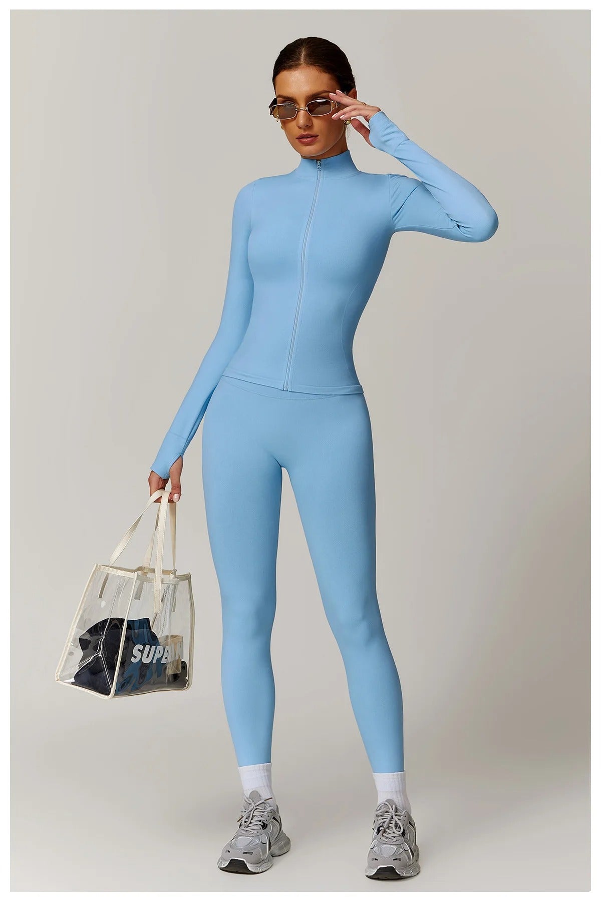 Seamless Yoga Set – Long Sleeve Zip Jacket & High Waist Leggings Gym Outfit