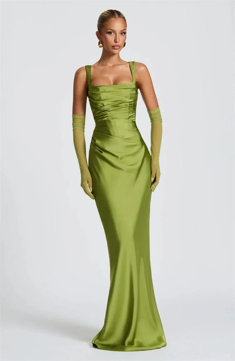Elegant Lace Up Satin Backless Maxi Dress – Evening Gown