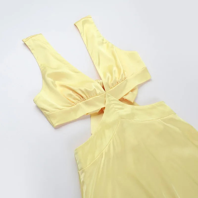 Satin Maxi Dress – Deep V Neck Cut Out Evening Gown
