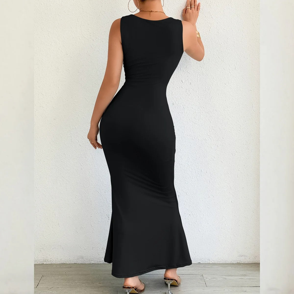 Cut Out Maxi Dress – Sleeveless Ruched Bodycon Evening Party Gown