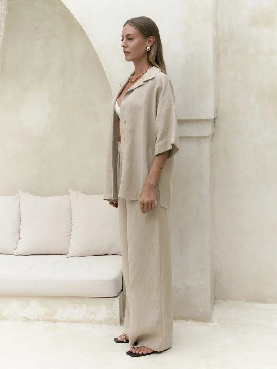 Linen Co Ord Set – Oversized Shirt and Wide Leg Trousers
