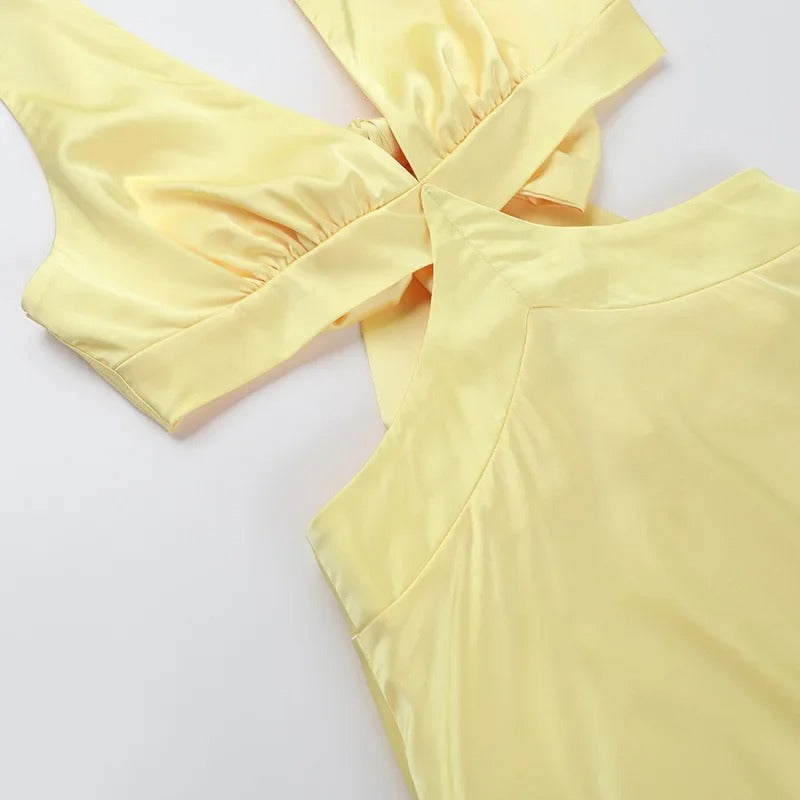 Satin Maxi Dress – Deep V Neck Cut Out Evening Gown