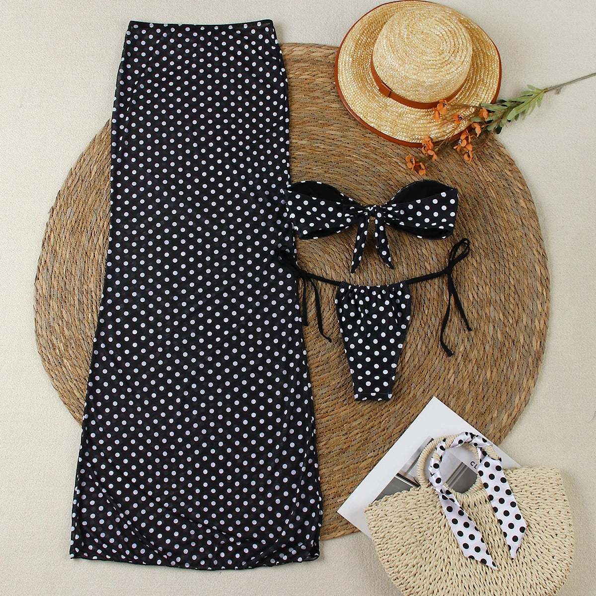 Polka Dot Bikini Set – 3 Piece Bandeau Swimwear with Long Skirt