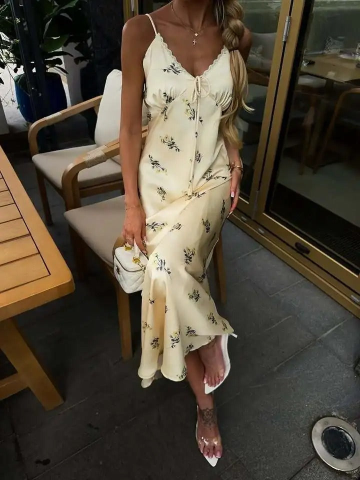 Elegant Floral Satin Maxi Dress for Women – Spaghetti Strap Summer Party Gown