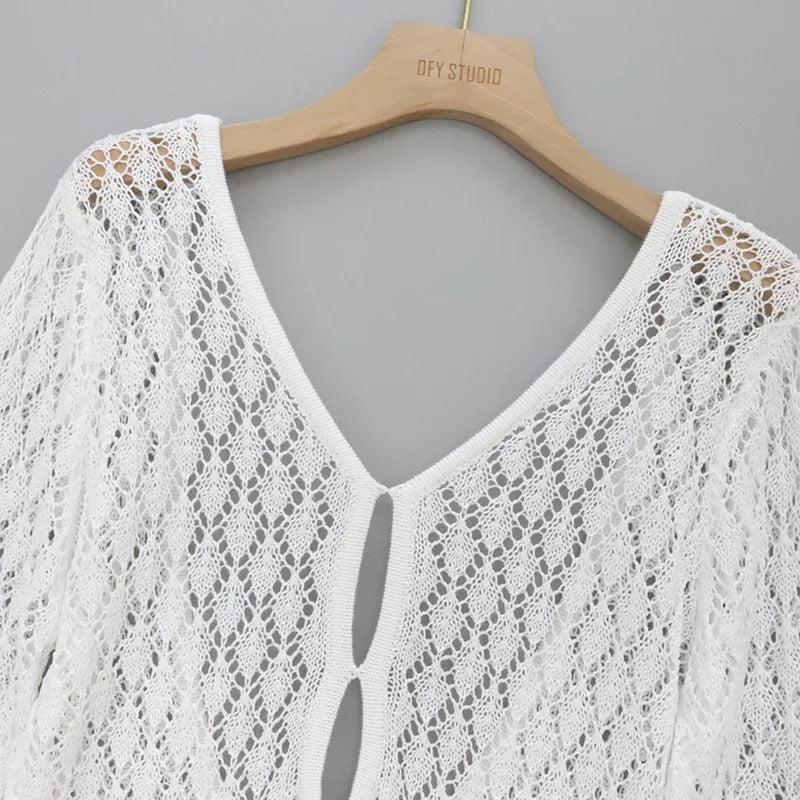 Crochet Knit Mini Dress – Long Sleeve Beach Cover Up