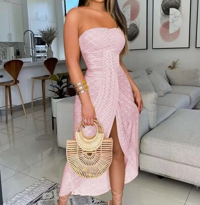 Strapless Midi Dress – Summer Lace Bodycon Party & Casual Cocktail Dress