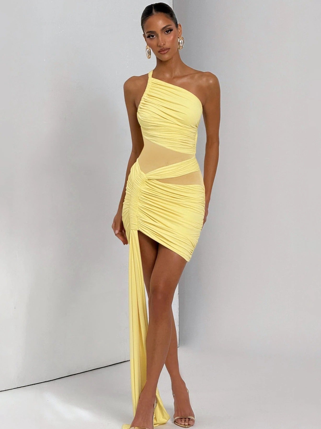 One Shoulder Mesh Patchwork Ruched Mini Dress