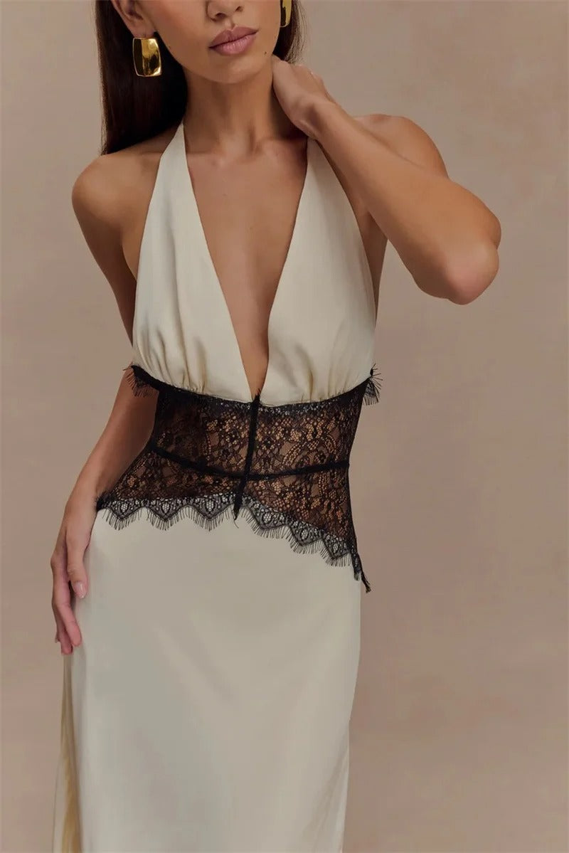 Halter Maxi Dress – Deep V Neck Lace Waist Evening Gown