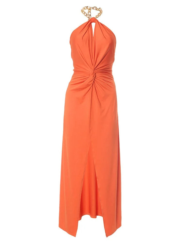 Halter Neck Maxi Dress – Satin High Slit Gown