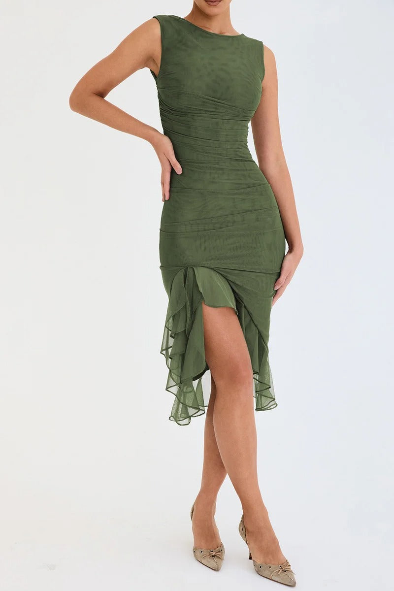 Ruffle Bodycon Dress – Sleeveless Ruched Midi Gown
