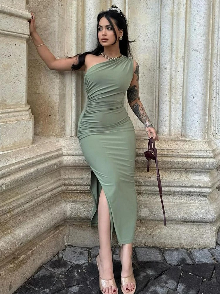 One Shoulder Midi Dress – Elegant Slim Fit Party & Evening Dress