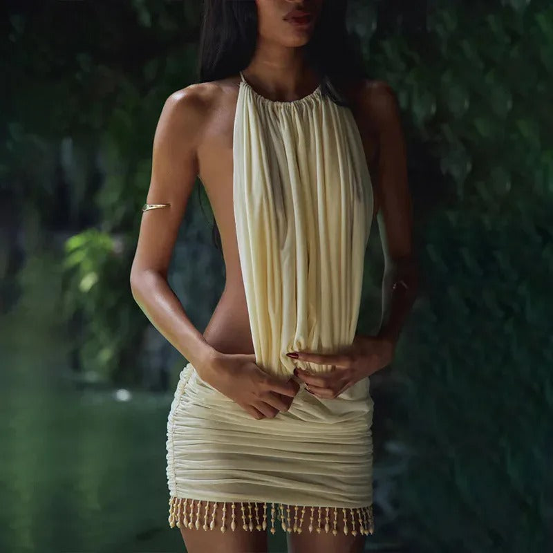 Apricot Halter Mini Dress – Ruched Backless Tassel Party Dress