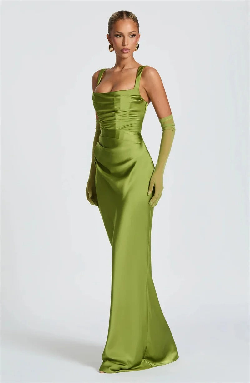 Elegant Lace Up Satin Backless Maxi Dress – Evening Gown