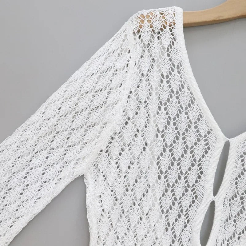 Crochet Knit Mini Dress – Long Sleeve Beach Cover Up