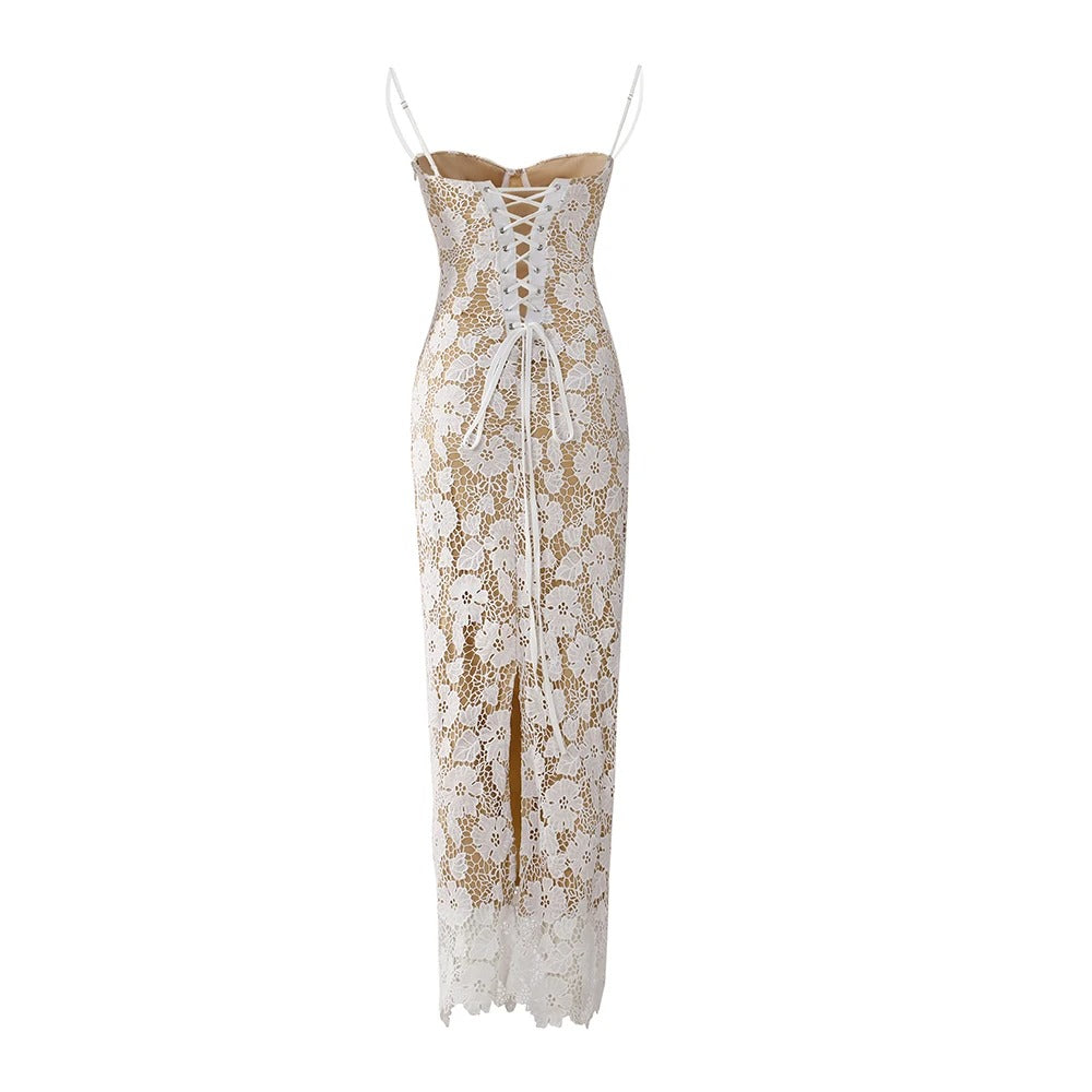 White Lace Bodycon Maxi Dress – Elegant Spaghetti Strap Evening Gown