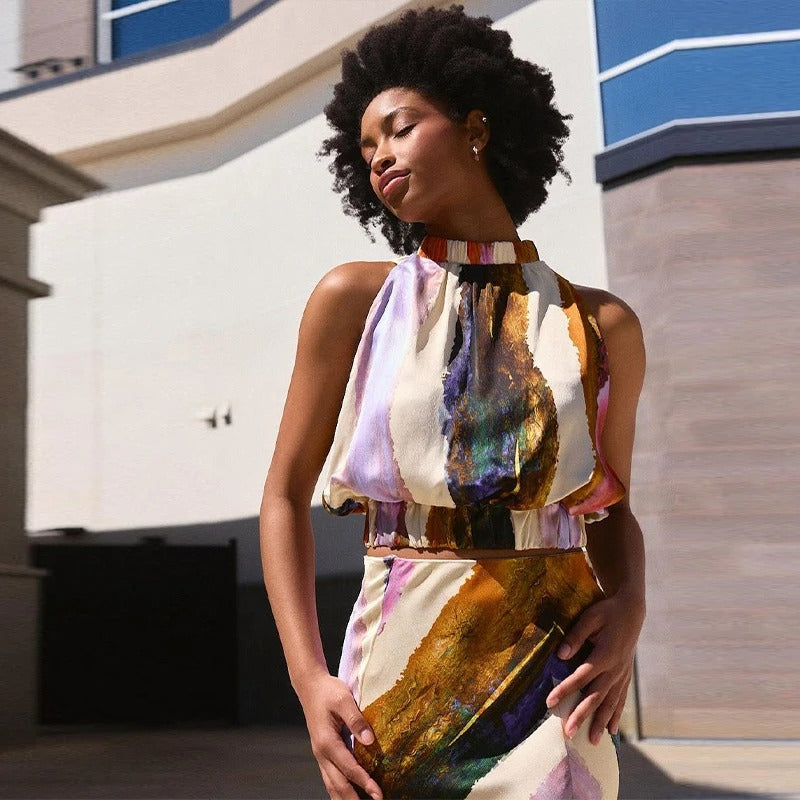 Sleeveless Maxi Dress – Boho Print Halter Neck Evening Gown