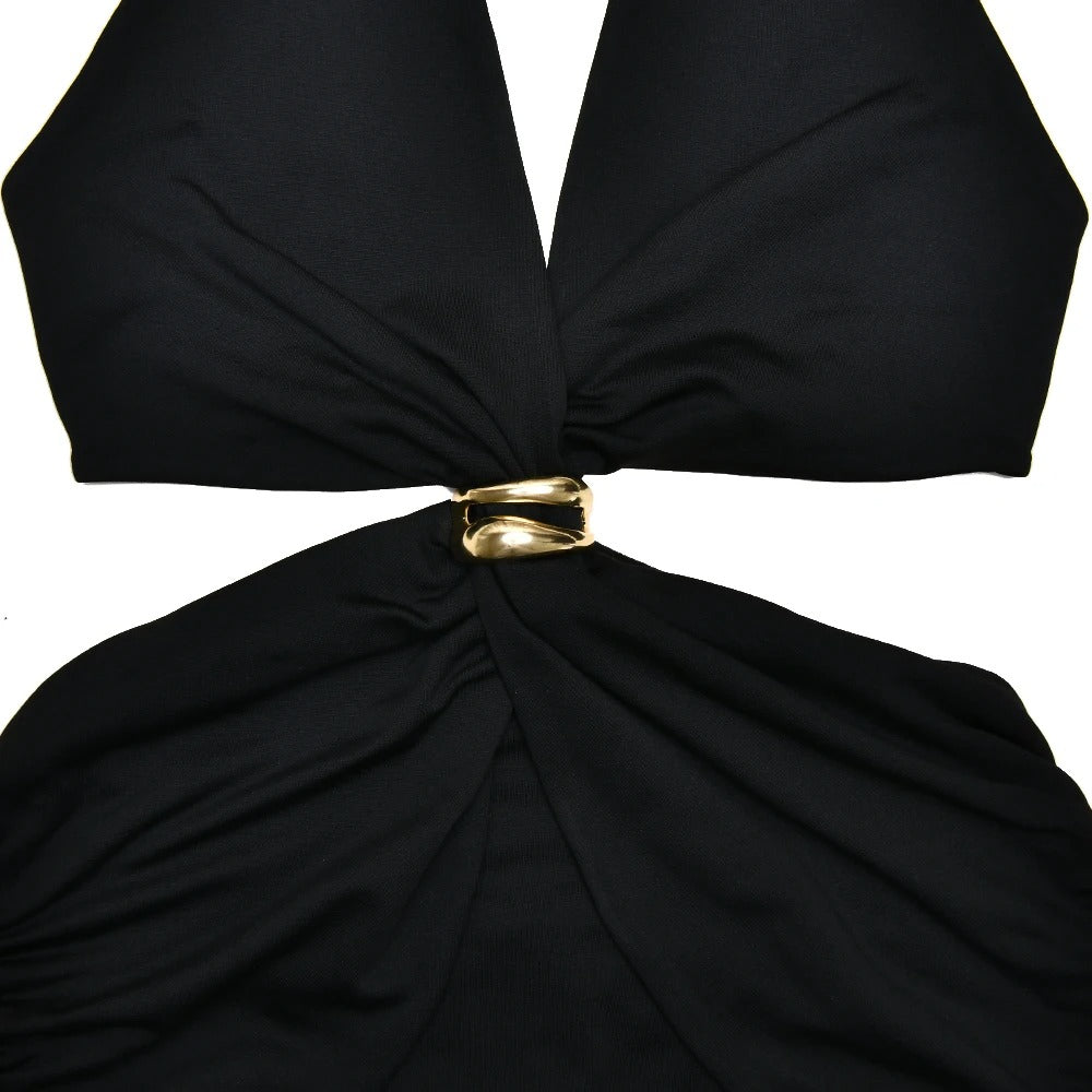 Deep V Halter Maxi Dress – Elegant Cut Out Evening Gown