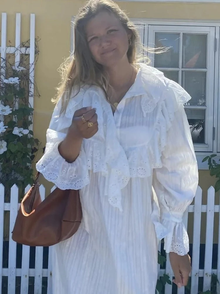 White Ruffle Maxi Dress – Loose Boho V Neck Long Sleeve Gown
