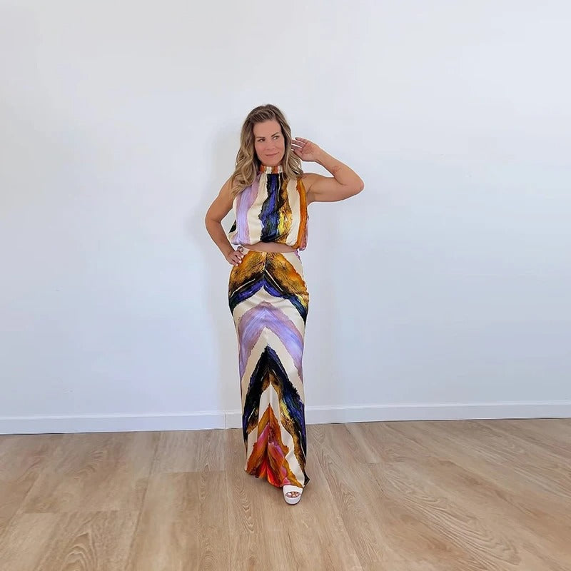 Sleeveless Maxi Dress – Boho Print Halter Neck Evening Gown