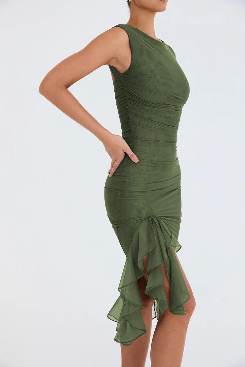 Ruffle Bodycon Dress – Sleeveless Ruched Midi Gown