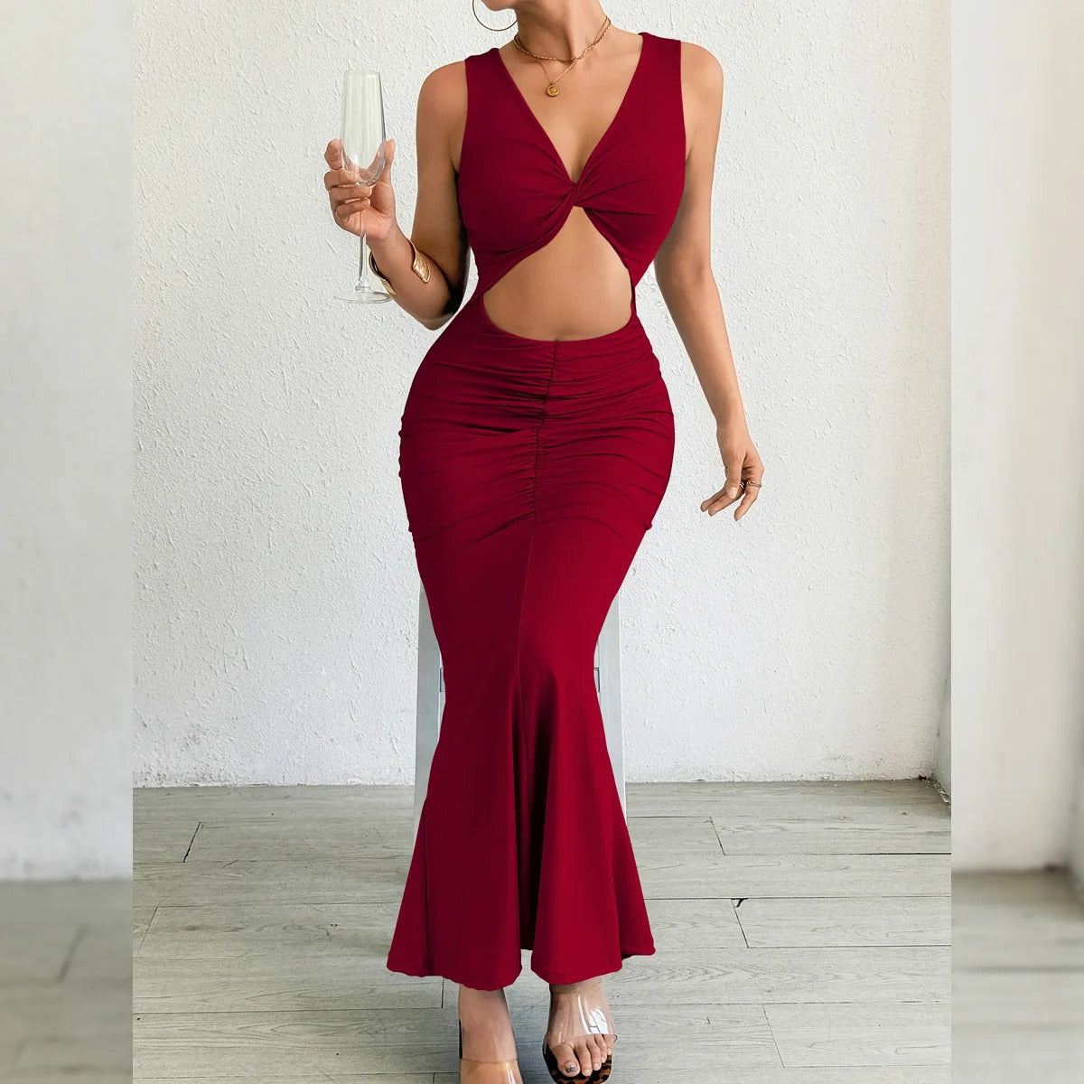 Cut Out Maxi Dress – Sleeveless Ruched Bodycon Evening Party Gown