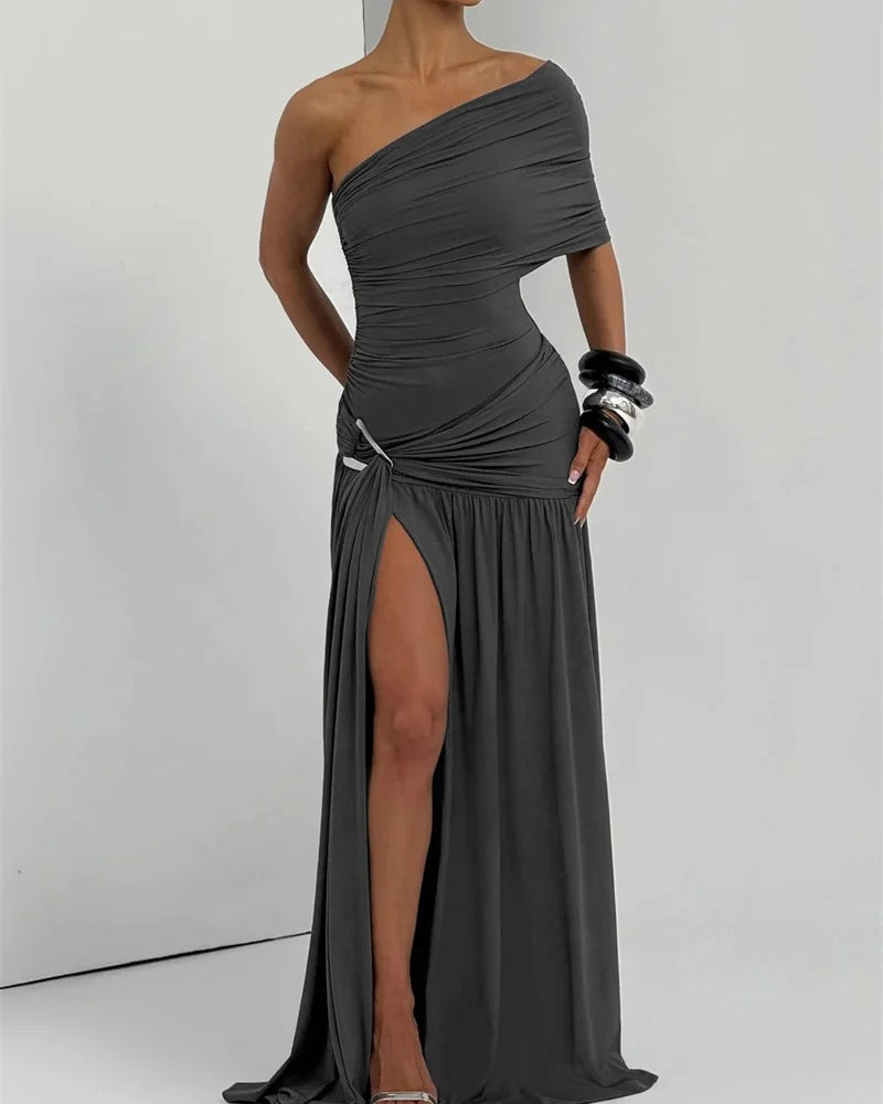 One Shoulder Maxi Dress – Ruched High Slit Gown