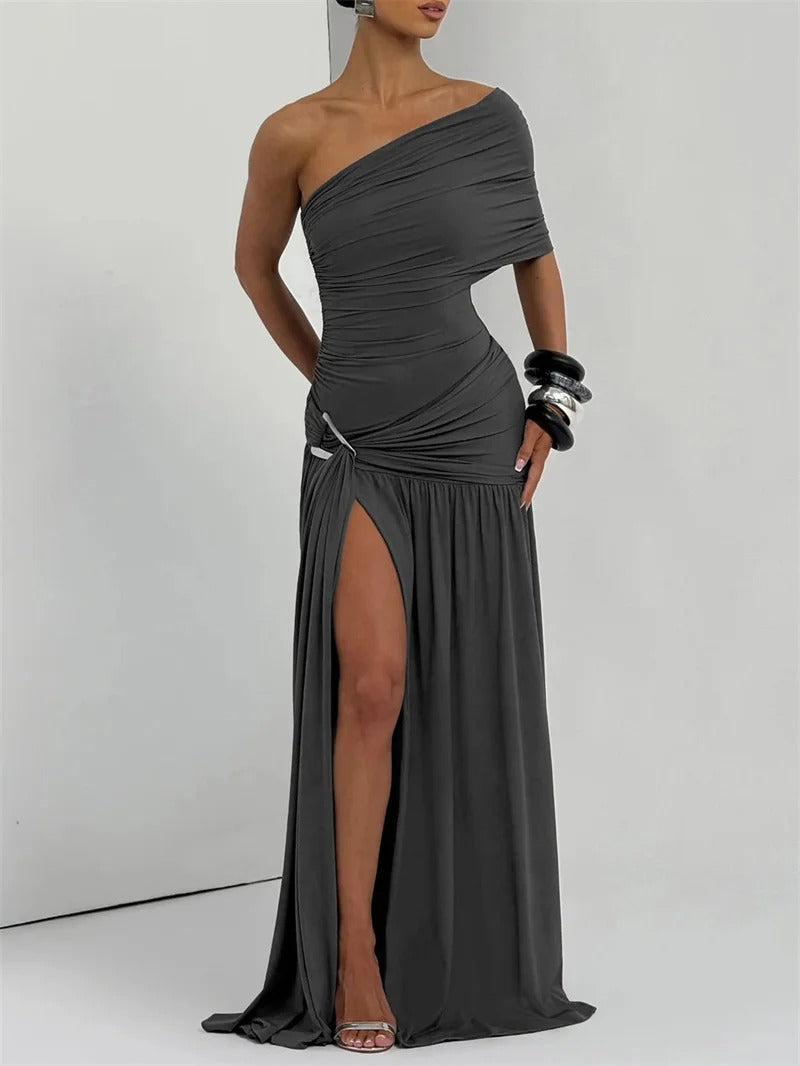 One Shoulder Maxi Dress – Ruched High Slit Gown