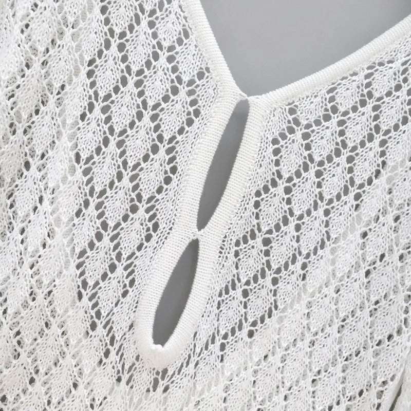 Crochet Knit Mini Dress – Long Sleeve Beach Cover Up