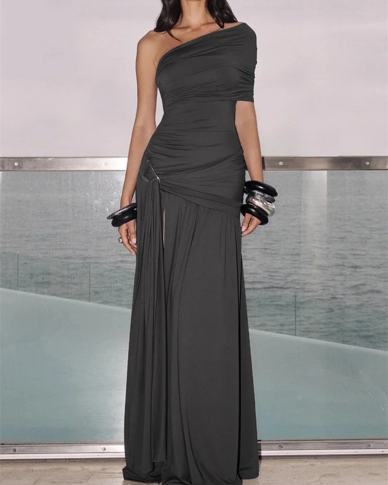 One Shoulder Maxi Dress – Ruched High Slit Gown