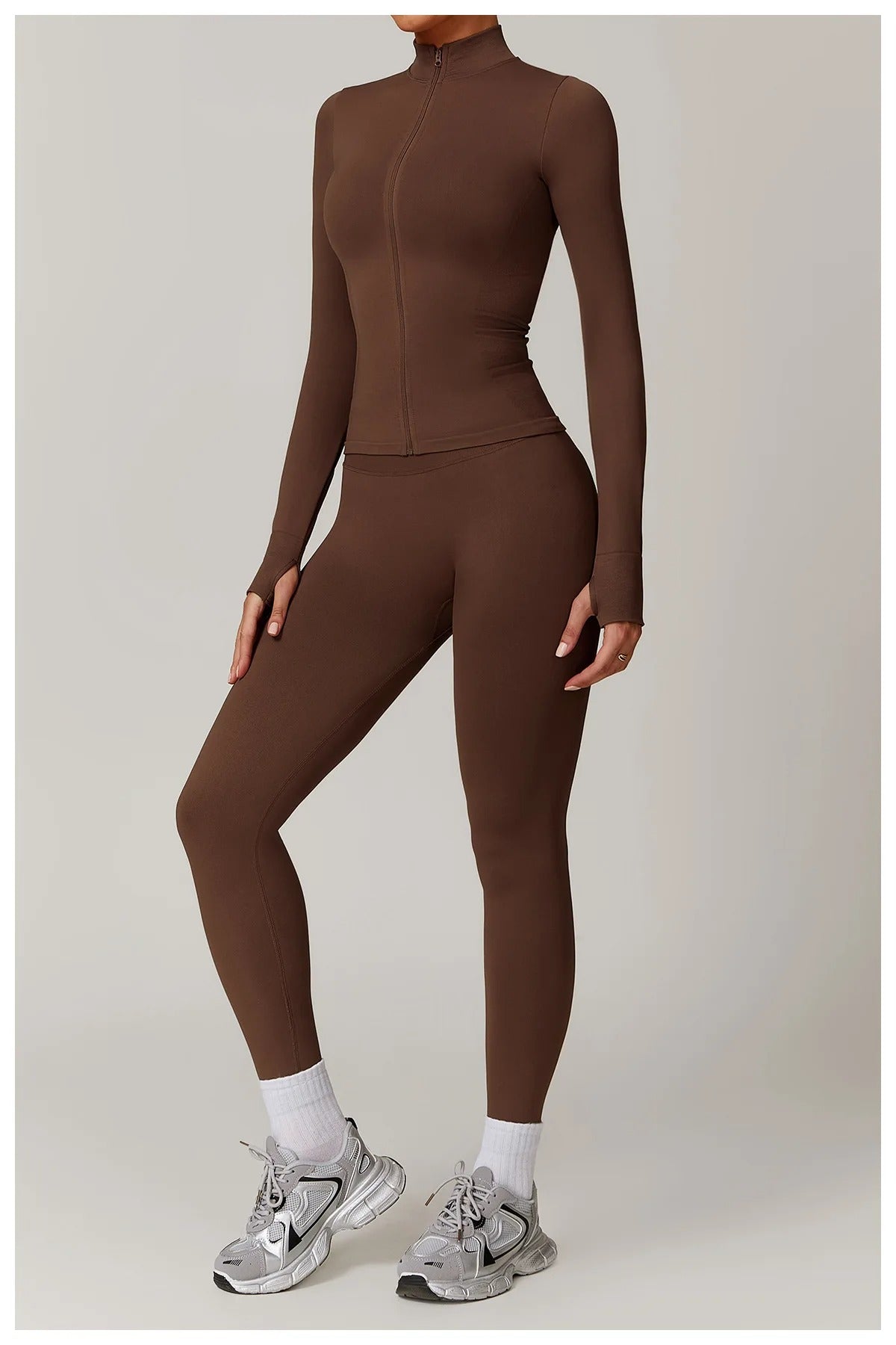 Seamless Yoga Set – Long Sleeve Zip Jacket & High Waist Leggings Gym Outfit