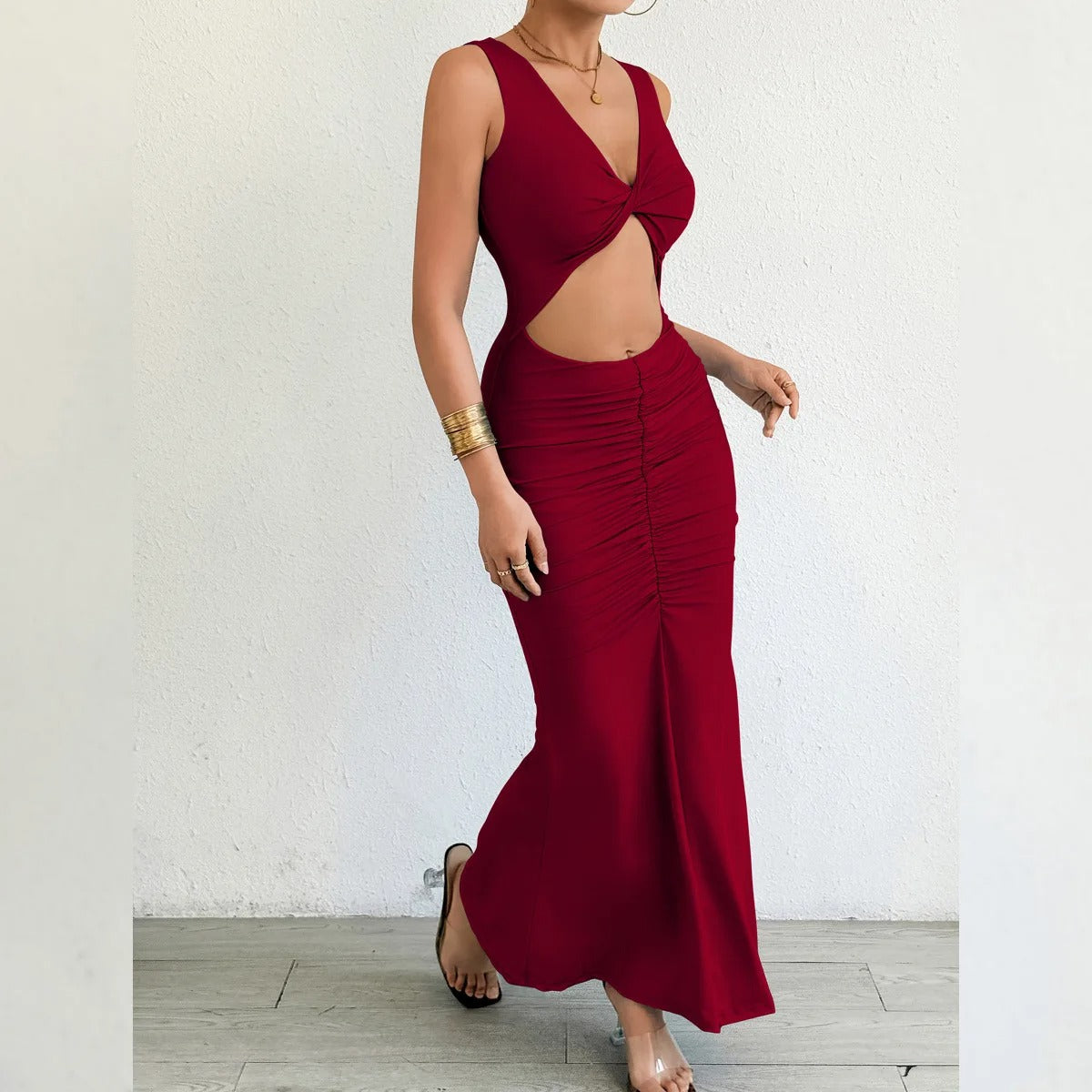 Cut Out Maxi Dress – Sleeveless Ruched Bodycon Evening Party Gown