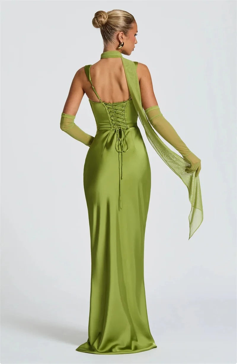 Elegant Lace Up Satin Backless Maxi Dress – Evening Gown