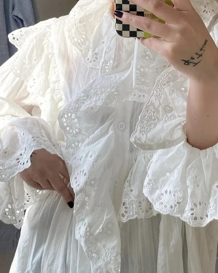 White Ruffle Maxi Dress – Loose Boho V Neck Long Sleeve Gown