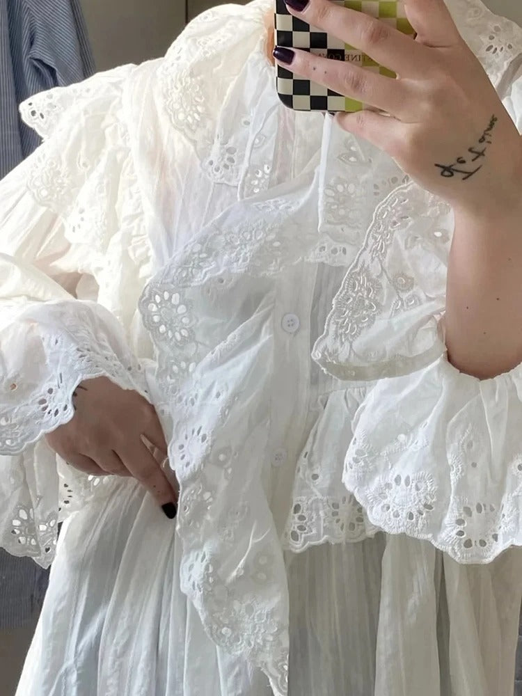White Ruffle Maxi Dress – Loose Boho V Neck Long Sleeve Gown
