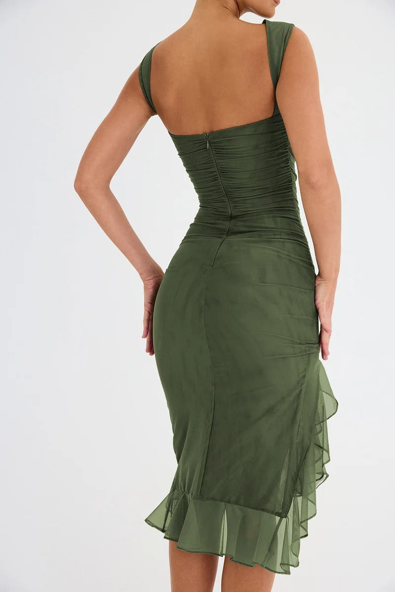 Ruffle Bodycon Dress – Sleeveless Ruched Midi Gown