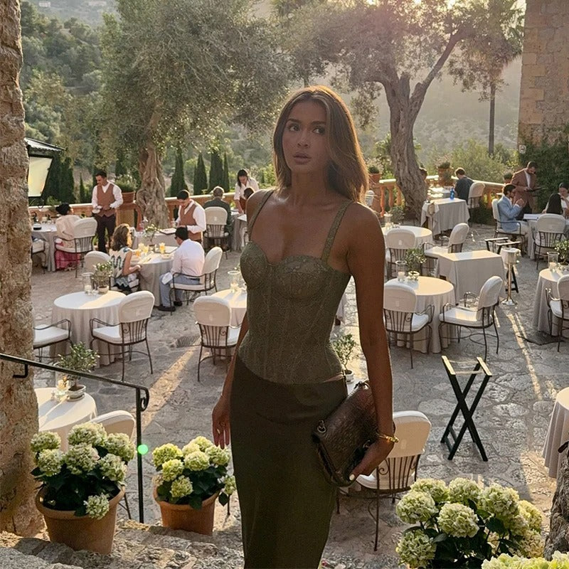 Green Satin Two Piece Set – Lace Corset Top and High Waist Maxi Skirt