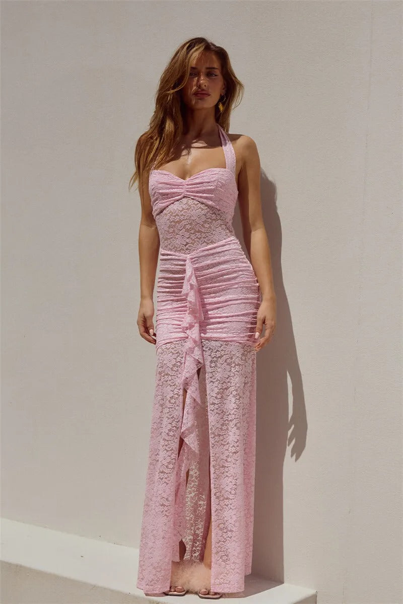 Lace Halter Maxi Dress – Elegant Ruched Summer Party Gown