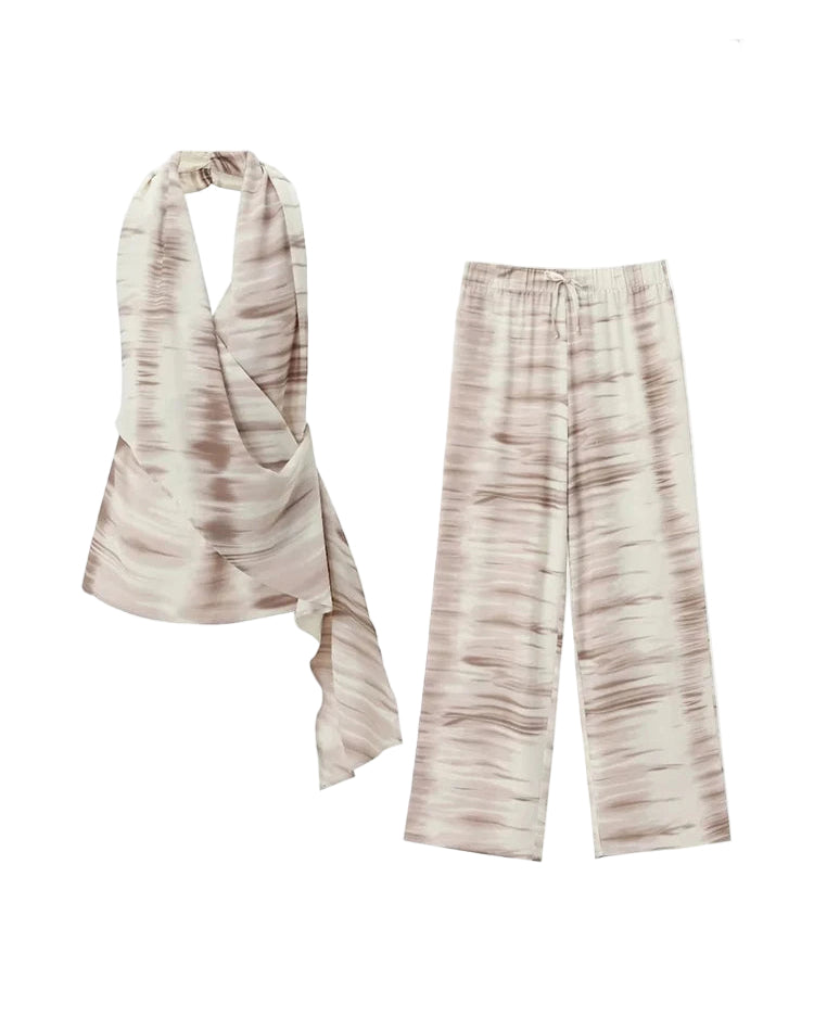 2 Piece Wide Leg Pants Set – Halter Neck Sleeveless Top & Trousers Outfit