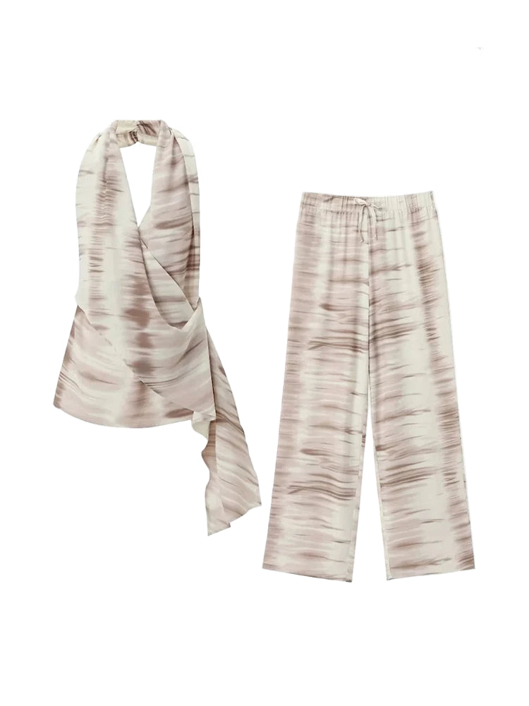 2 Piece Wide Leg Pants Set – Halter Neck Sleeveless Top & Trousers Outfit