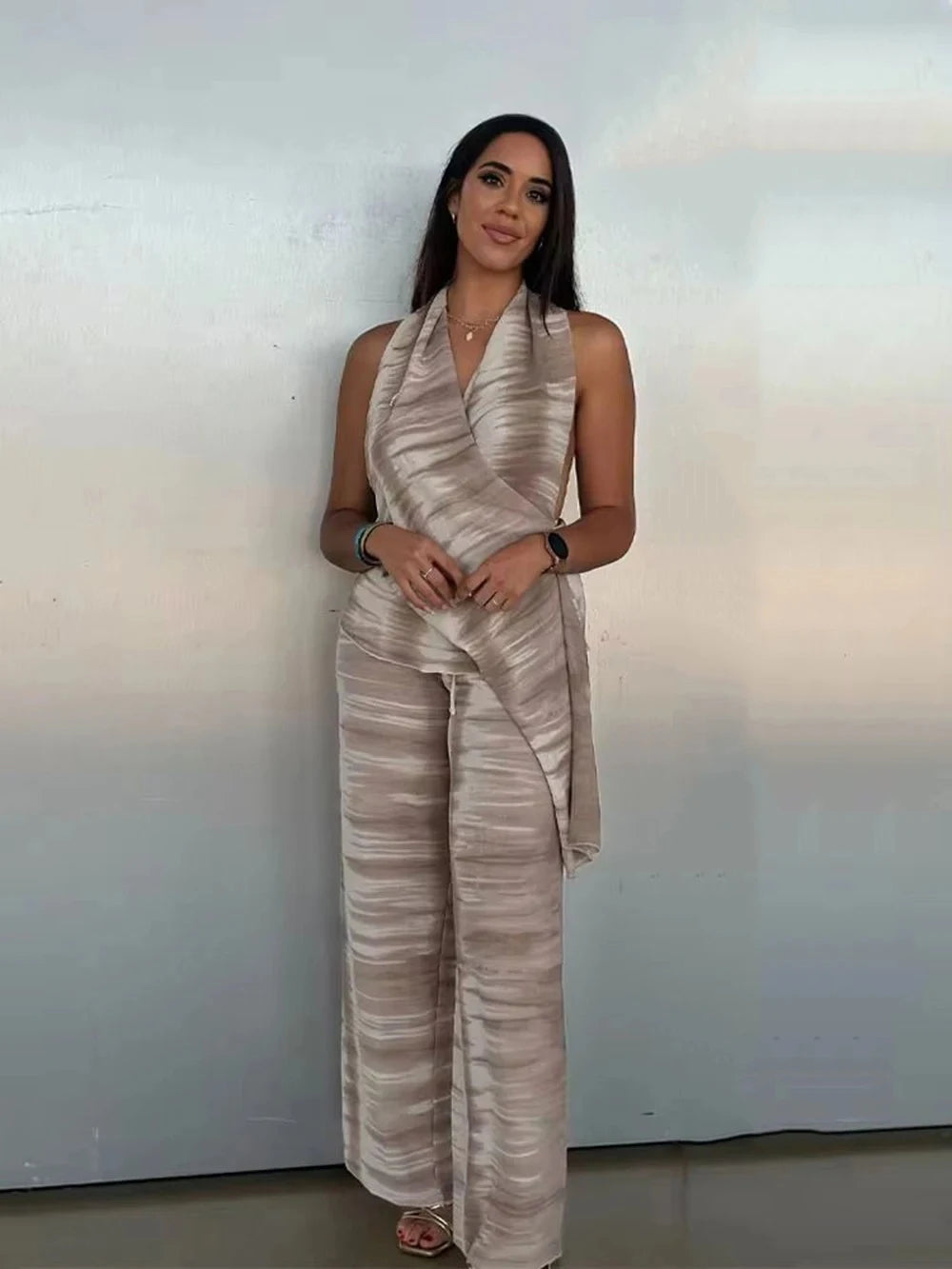 2 Piece Wide Leg Pants Set – Halter Neck Sleeveless Top & Trousers Outfit