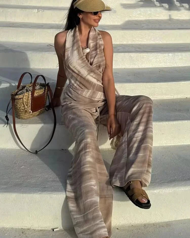 2 Piece Wide Leg Pants Set – Halter Neck Sleeveless Top & Trousers Outfit
