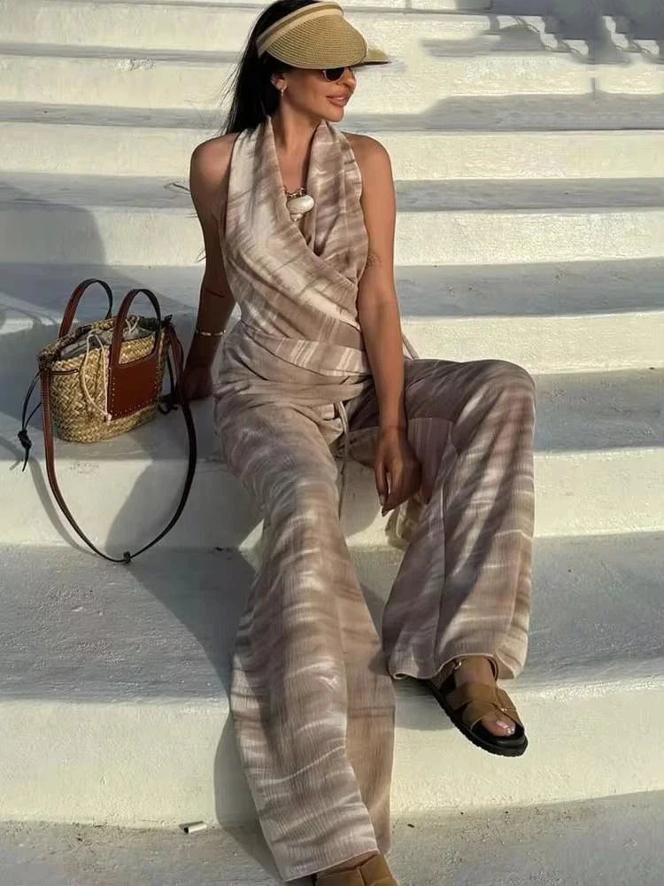 2 Piece Wide Leg Pants Set – Halter Neck Sleeveless Top & Trousers Outfit