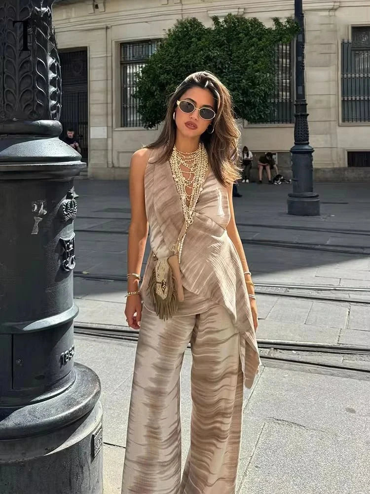 2 Piece Wide Leg Pants Set – Halter Neck Sleeveless Top & Trousers Outfit