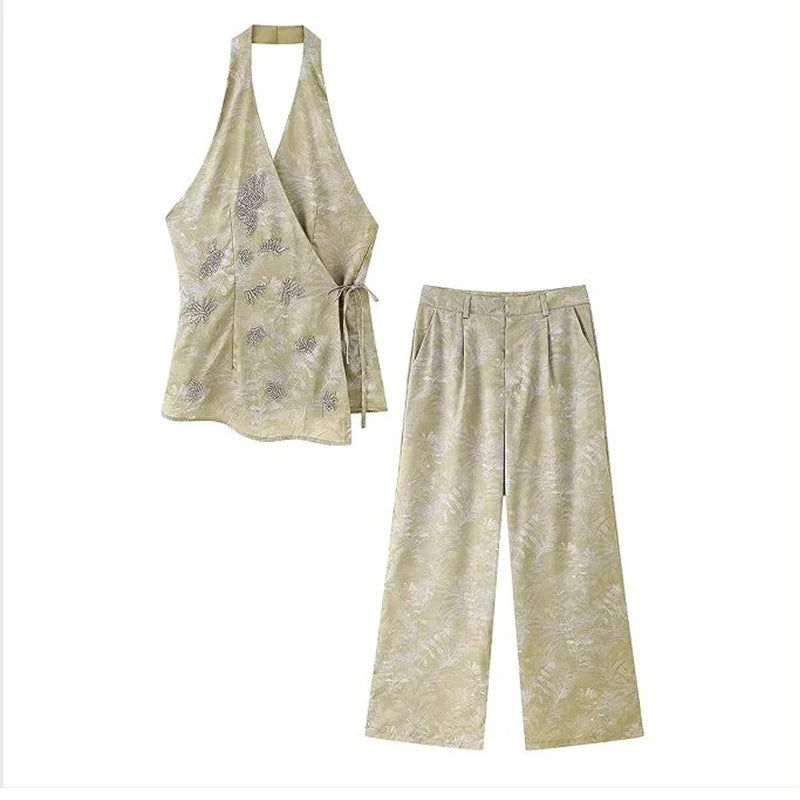 2 Piece Halter Top & Wide Leg Pants Set – Elegant Sleeveless Summer Party Outfit