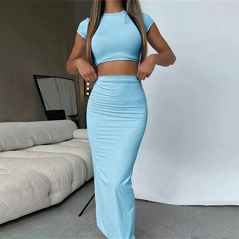 2 Piece Skirt Set – Crop Top & High Waist Maxi Skirt Summer Outfit