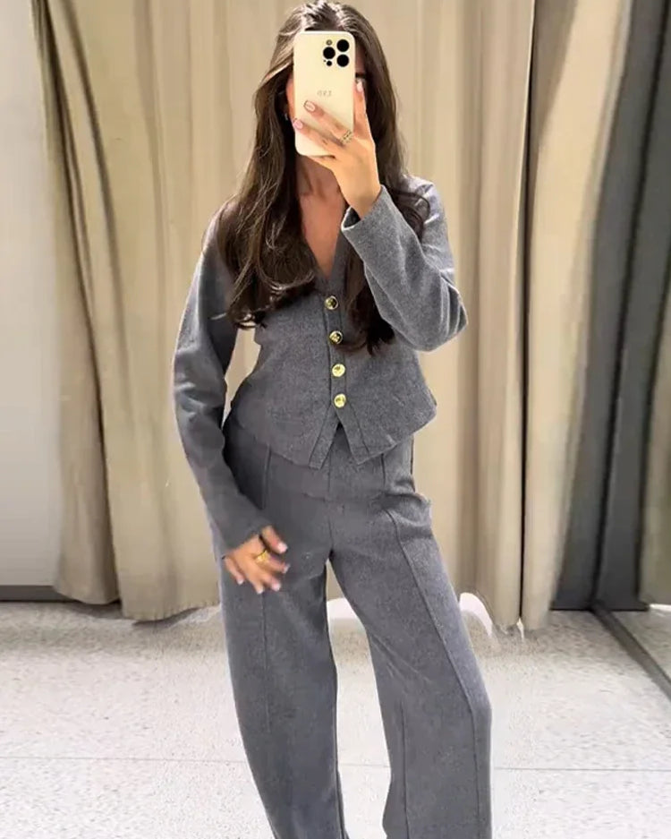 Elegant Two Piece Suit – Blazer Jacket with Wide Leg Pants